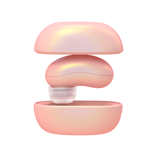 Baby pink clit sucking vibrator inside a charging case on a transparent background