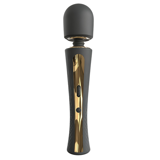 Black with gold accent wand vibrator on a transparent background