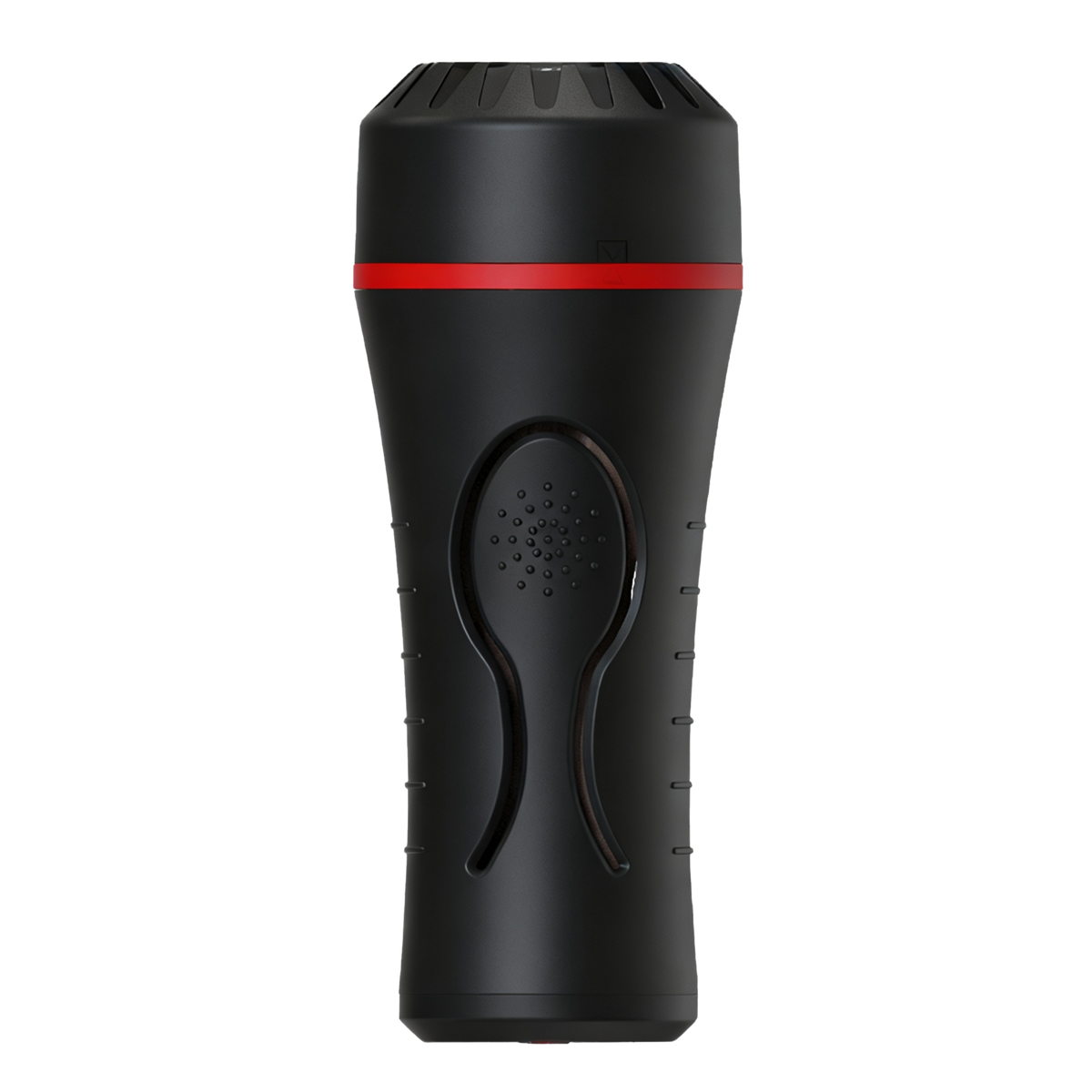 Black handheld flashlight-like male masturbator with a red stripe on a white background
