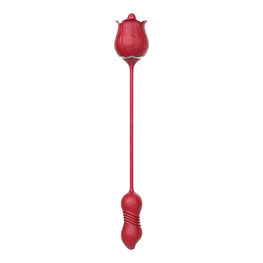 Rose-shaped dual vibrator with a flexible cord on a transparent background